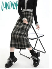 Lunivop Women’s Black Grey Plaid Woolen Plush Long Skirt College Style Autumn Winter Female High