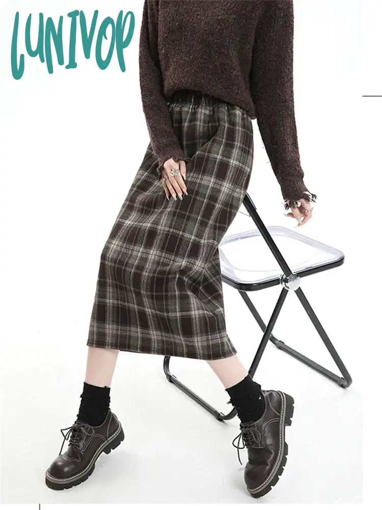 Lunivop Women’s Black Grey Plaid Woolen Plush Long Skirt College Style Autumn Winter Female High