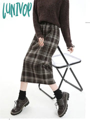 Lunivop Women’s Black Grey Plaid Woolen Plush Long Skirt College Style Autumn Winter Female High