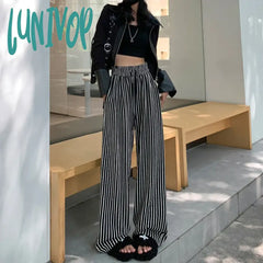 Lunivop Women’s Black White Vertical Stripes Drawstring Elastic Waist Sweatpants New Sports Style