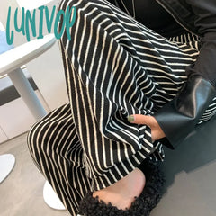 Lunivop Women’s Black White Vertical Stripes Drawstring Elastic Waist Sweatpants New Sports Style