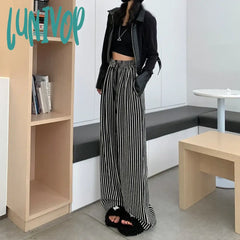 Lunivop Women’s Black White Vertical Stripes Drawstring Elastic Waist Sweatpants New Sports Style