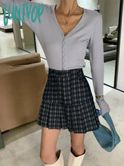 Lunivop Women’s Blue Plaid Denim A-Line Short Skirt American Young Girls College Style Chic Retro