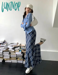 Lunivop Women’s Blue Plaid Wrapped Hip Split Ankle-Length Fishtail Skirt Summer New Chic Young