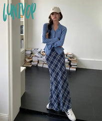 Lunivop Women’s Blue Plaid Wrapped Hip Split Ankle-Length Fishtail Skirt Summer New Chic Young