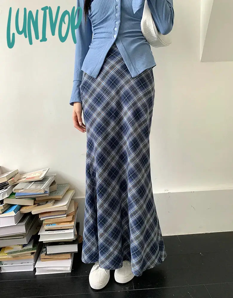 Lunivop Women’s Blue Plaid Wrapped Hip Split Ankle-Length Fishtail Skirt Summer New Chic Young