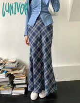 Lunivop Women’s Blue Plaid Wrapped Hip Split Ankle-Length Fishtail Skirt Summer New Chic Young