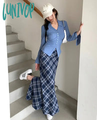 Lunivop Women’s Blue Plaid Wrapped Hip Split Ankle-Length Fishtail Skirt Summer New Chic Young