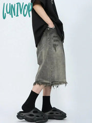 Lunivop Women’s Burr Edge Design Wide Leg Black Grey Denim Shorts Unisex Style Capris Summer