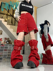 Lunivop Women’s Button Splicing Design High Waisted Red Jeans American Fashion Vintage Streetwear