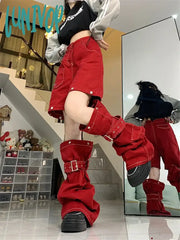 Lunivop Women’s Button Splicing Design High Waisted Red Jeans American Fashion Vintage Streetwear