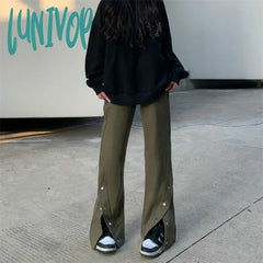Lunivop Women’s Button Split Design Flared Pants Street Style Casual Female Elastic High Waisted