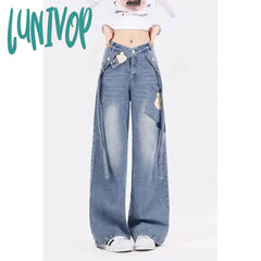 Lunivop Women’s Cartoon Pattern Design Light Blue Jeans Vintage Street Style Casual Wide Leg Pant