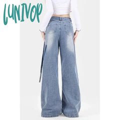 Lunivop Women’s Cartoon Pattern Design Light Blue Jeans Vintage Street Style Casual Wide Leg Pant