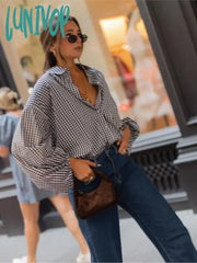 Lunivop Women’s Casual Plaid Shirts 2024 New Spring Button Lapel Collar Lantern Sleeve Office