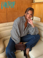 Lunivop Women’s Casual Plaid Shirts 2024 New Spring Button Lapel Collar Lantern Sleeve Office