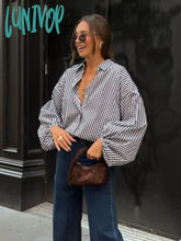 Lunivop Women’s Casual Plaid Shirts 2024 New Spring Button Lapel Collar Lantern Sleeve Office