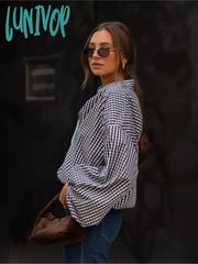 Lunivop Women’s Casual Plaid Shirts 2024 New Spring Button Lapel Collar Lantern Sleeve Office