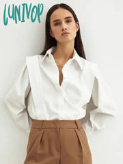 Lunivop Women’s Casual White Blouses 2024 Spring New Long Sleeve Single Breasted Lapel Collar
