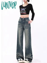 Lunivop Women’s Cat Whisker Pattern Retro Blue Jeans American Vintage Casual Denim Trousers