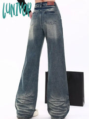 Lunivop Women’s Cat Whisker Pattern Retro Blue Jeans American Vintage Casual Denim Trousers
