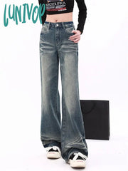 Lunivop Women’s Cat Whisker Pattern Retro Blue Jeans American Vintage Casual Denim Trousers