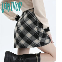 Lunivop Women’s Checkered Woolen High Waisted Mini Skirt Spring Autumn New Chic Fashion Vintage