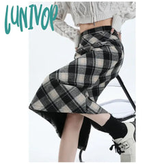 Lunivop Women’s Checkered Woolen High Waisted Skirt Spring Autumn New Chic Fashion Vintage Style