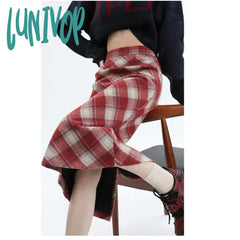 Lunivop Women’s Checkered Woolen High Waisted Skirt Spring Autumn New Chic Fashion Vintage Style