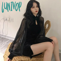 Lunivop Women’s Cheongsam Qipao Dress Velvet Side Split Lantern Sleeve Slim Fit Long Sleeves