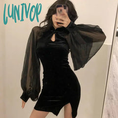 Lunivop Women’s Cheongsam Qipao Dress Velvet Side Split Lantern Sleeve Slim Fit Long Sleeves