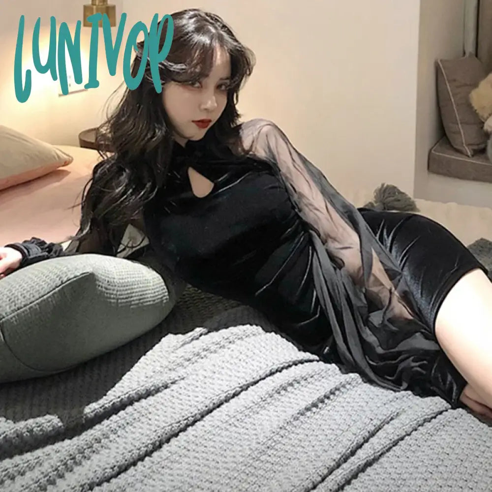 Lunivop Women’s Cheongsam Qipao Dress Velvet Side Split Lantern Sleeve Slim Fit Long Sleeves