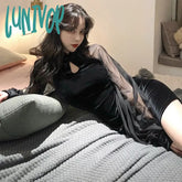 Lunivop Women’s Cheongsam Qipao Dress Velvet Side Split Lantern Sleeve Slim Fit Long Sleeves