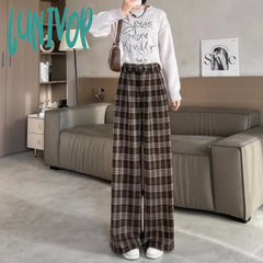 Lunivop Women’s Coffee Colored Straight Woolen Plaid Pattern Pants Autumn Winter Plush Warm