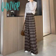 Lunivop Women’s Coffee Colored Straight Woolen Plaid Pattern Pants Autumn Winter Plush Warm
