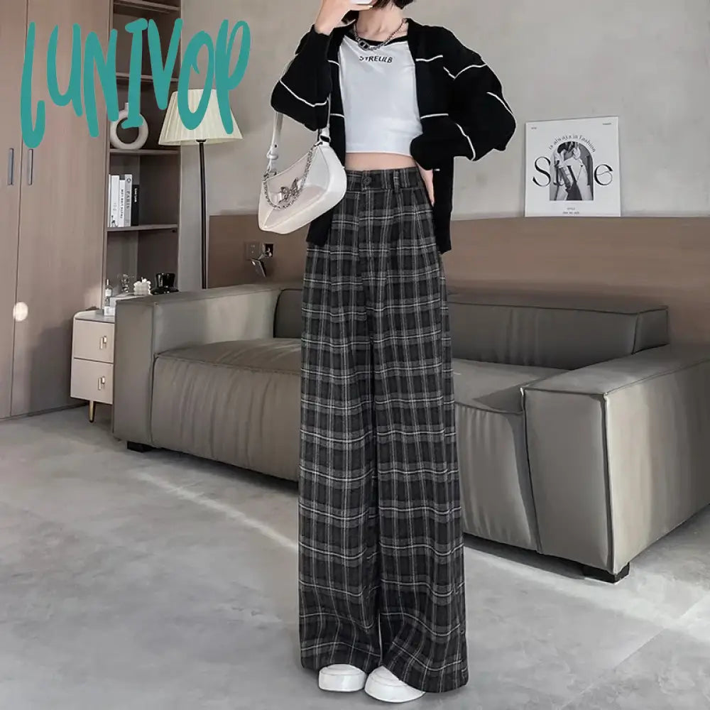 Lunivop Women’s Coffee Colored Straight Woolen Plaid Pattern Pants Autumn Winter Plush Warm