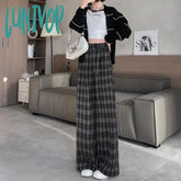 Lunivop Women’s Coffee Colored Straight Woolen Plaid Pattern Pants Autumn Winter Plush Warm