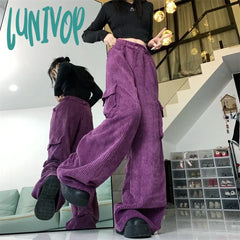 Lunivop Women’s Corduroy Cargo Large Pocket Pants Street Style Fashion Solid Color Female High