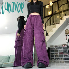Lunivop Women’s Corduroy Cargo Large Pocket Pants Street Style Fashion Solid Color Female High