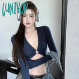 Lunivop Women’s Crop Top Long Sleeves V Neck Hollow Out Solid Colour Korean Version Club Sexy