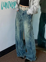 Lunivop Women’s Curved Splicing Design Jeans Vintage Street Cool Girl High Waist Wide Leg Pants