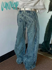 Lunivop Women’s Curved Splicing Design Jeans Vintage Street Cool Girl High Waist Wide Leg Pants