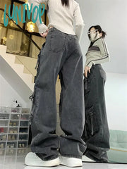 Lunivop Women’s Dark Gray Multiple Pockets Denim Trousers American Vintage Street Style Jeans