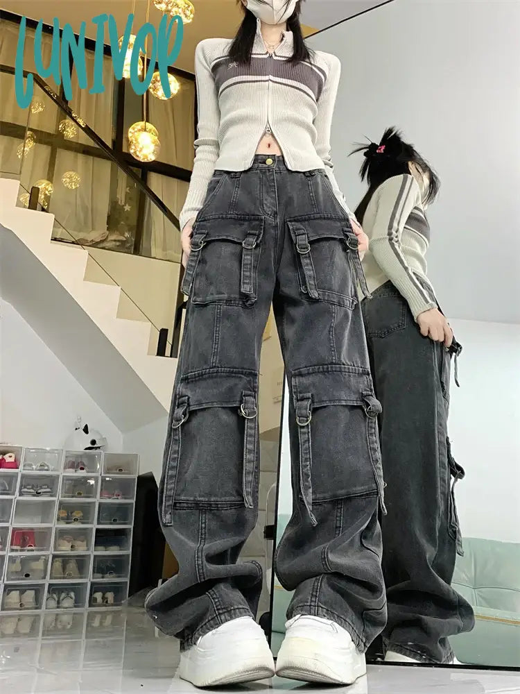Lunivop Women’s Dark Gray Multiple Pockets Denim Trousers American Vintage Street Style Jeans