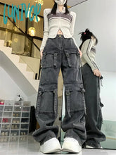 Lunivop Women’s Dark Gray Multiple Pockets Denim Trousers American Vintage Street Style Jeans
