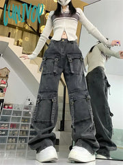 Lunivop Women’s Dark Gray Multiple Pockets Denim Trousers American Vintage Street Style Jeans