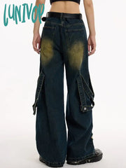 Lunivop Women’s Deconstructive Splicing Design Wide Leg Jeans Neutral Style High Waist Vintage