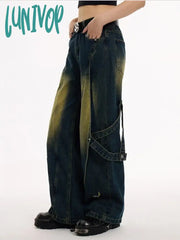 Lunivop Women’s Deconstructive Splicing Design Wide Leg Jeans Neutral Style High Waist Vintage