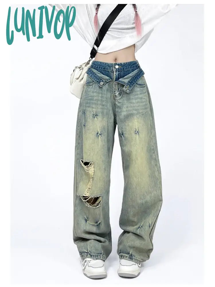 Lunivop Women’s Design Fake Two-Piece Double Waist Distressed Jeans Summer Fashion Chic Pants