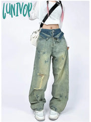Lunivop Women’s Design Fake Two-Piece Double Waist Distressed Jeans Summer Fashion Chic Pants